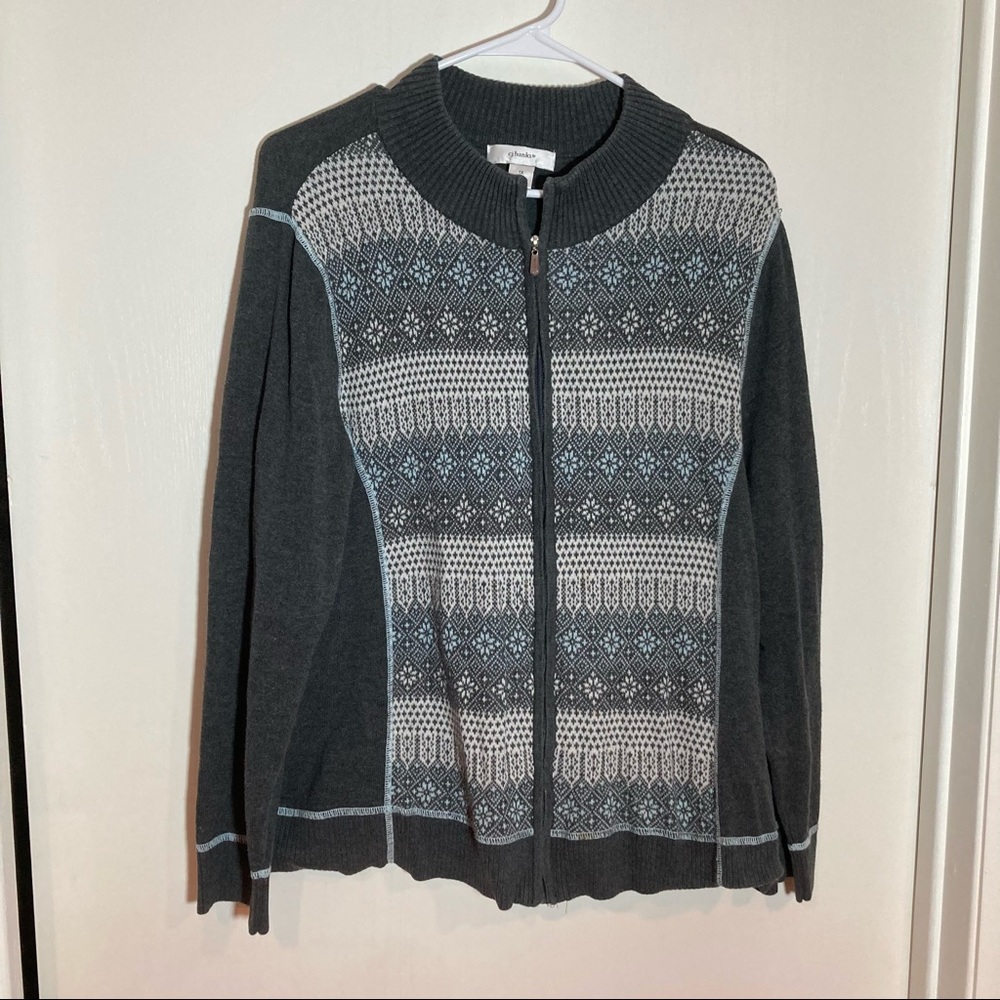 CJ Banks Fair Isle Zip‎ Up Cardigan Sweater Gray Nordic 1X